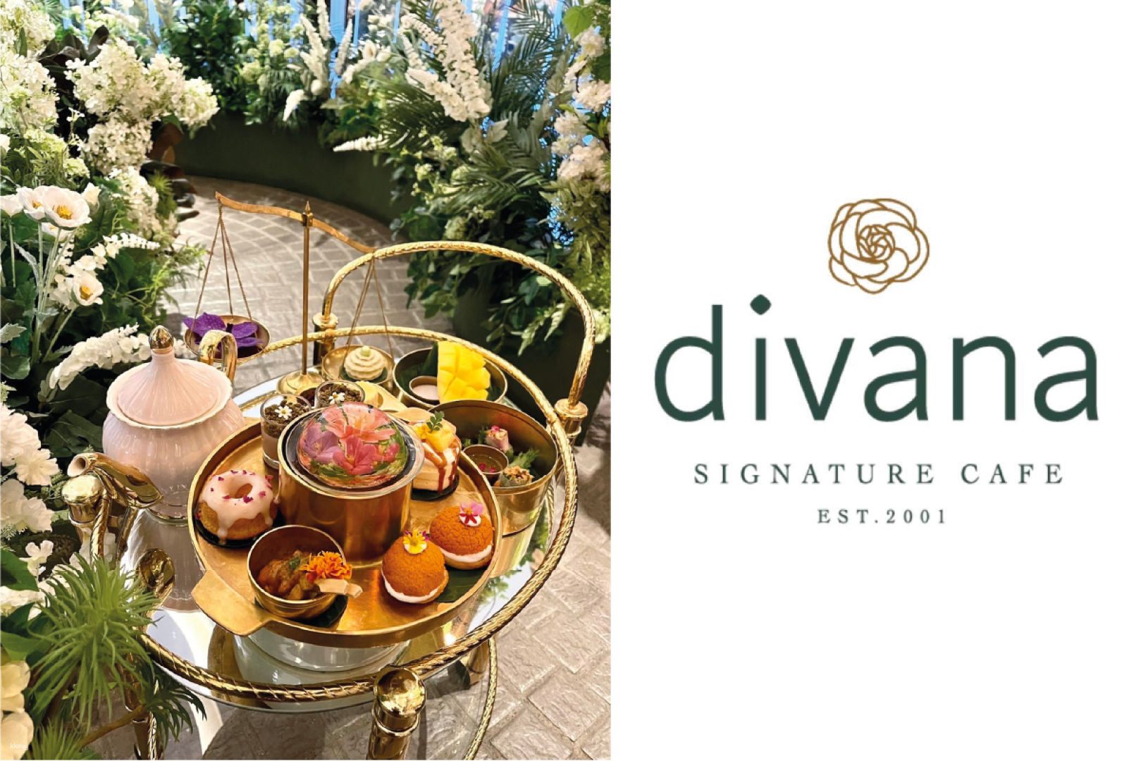 Indulge in a luxurious afternoon tea experience at Divana Signature Cafe surrounded by stunning floral decor and delicious delicacies offering a perfect escape in Bangkok.