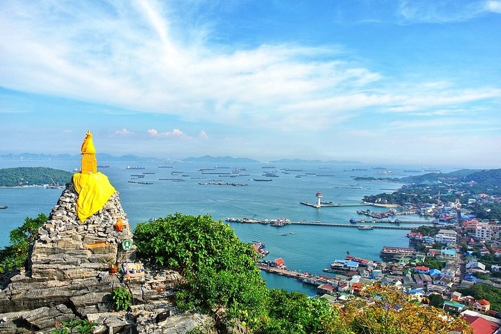Discover stunning views from the Chao Por Khao Yai shrine where the blend of Thai and Chinese cultures meets the serene waters of Koh Si Chang promising a memorable island escape.