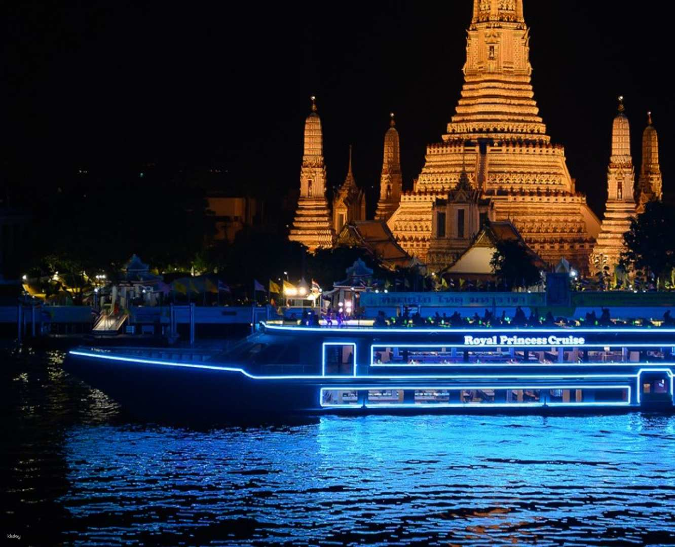 Experience the stunning night views of Bangkok from the Royal Princess Dinner Cruise featuring fresh seafood and exquisite international cuisine against a backdrop of illuminated historic landmarks.