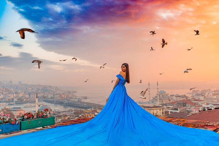Experience a unique photo shoot against Istanbul's stunning skyline as flowing dresses and graceful movements create unforgettable memories amidst the breathtaking Bosphorus backdrop.