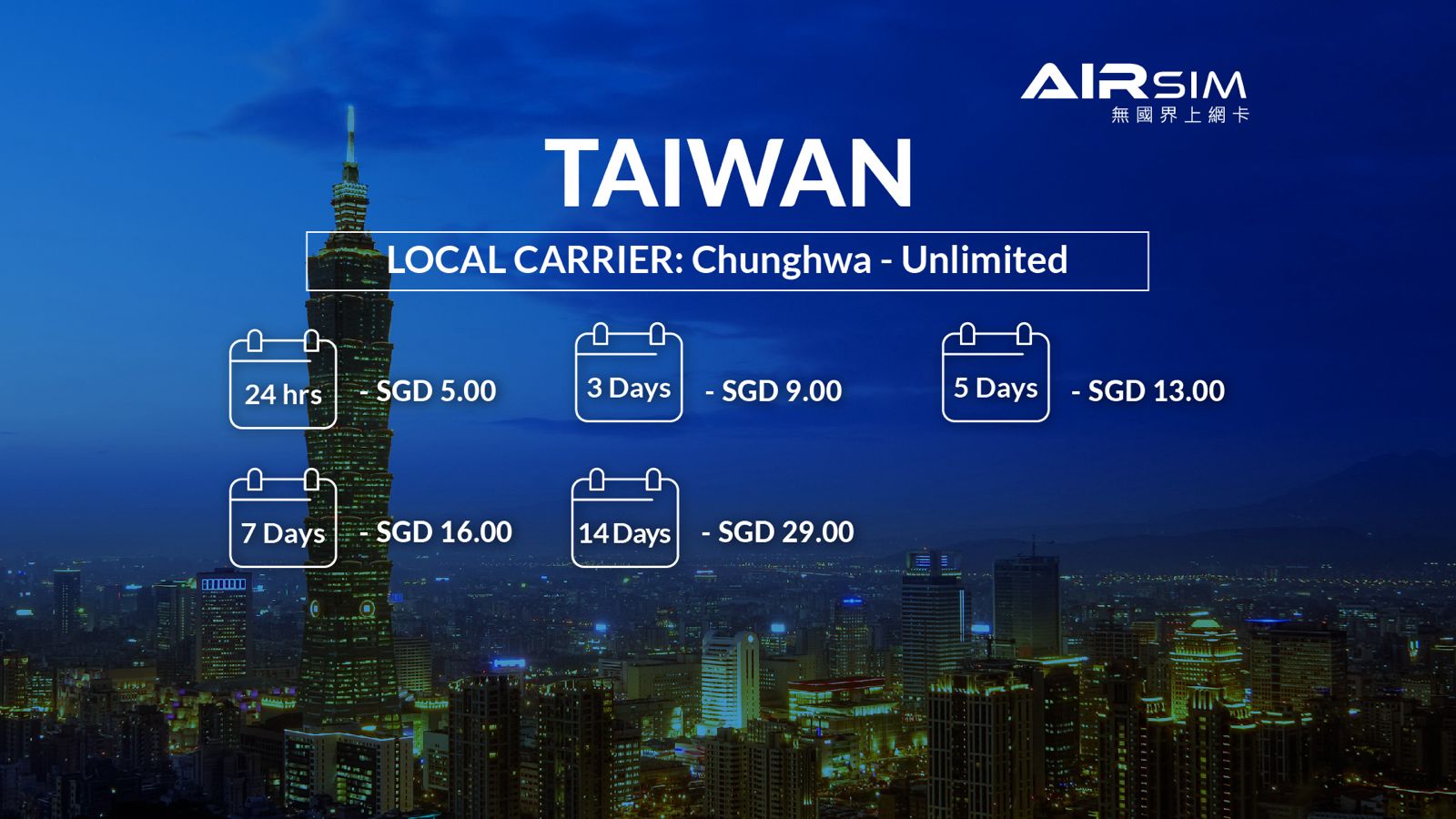 AIRSIM Reusable Global Travel Prepaid SIM: Taiwan (Deliver in Singapore) in  Taiwan | Pelago