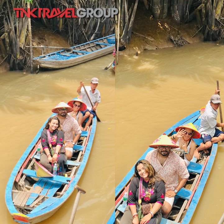 Rowing through serene canals lined with water-coconut palms travelers connect with local culture tasting fresh fruits and experiencing the leisurely pace of life in the Mekong Delta.