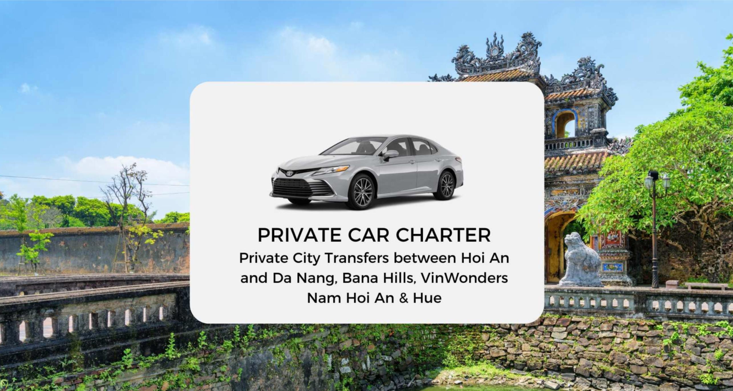 Discover the allure of Central Vietnam as you journey in comfort to stunning destinations like Da Nang Bana Hills and the historic city of Hue. Relax and enjoy the scenic ride.