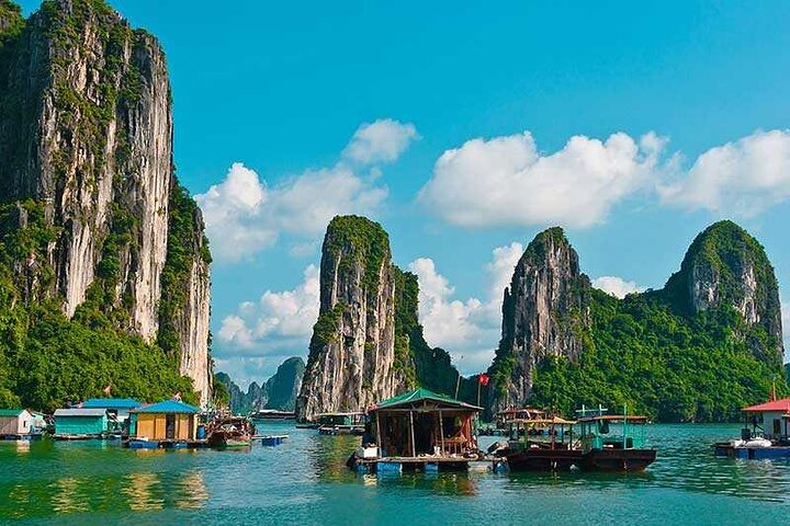 Experience the stunning limestone islands of Halong Bay where serene waters meet lush greenery offering a perfect backdrop for kayaking bamboo boat tours and exploration of hidden caves.